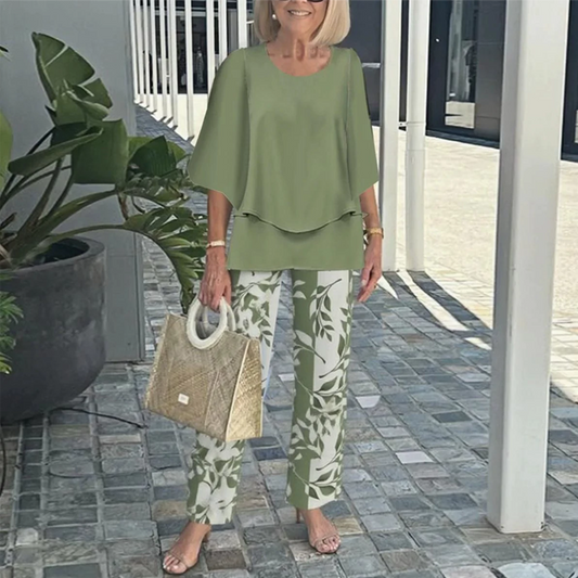 💐Nyomtatott nadrág és kerek nyakú felső szett