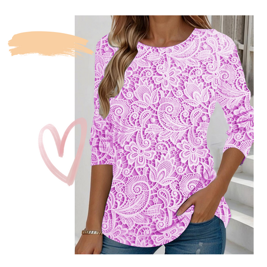 Elegáns, kerek nyakú, nyomtatott, hosszú ujjú felső