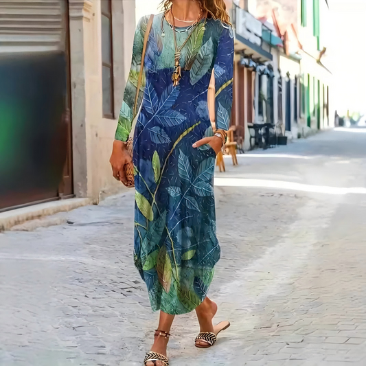 Többszínű, hosszú ujjú maxi ruha