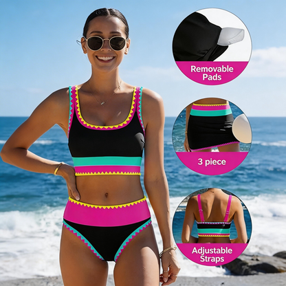 🏖️👙Színes blokkos, patchwork mintás, nylonból készült, sportos, 3 részes bikini szett