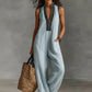 Női ujjatlan, V-nyakú, széles szárú jumpsuit