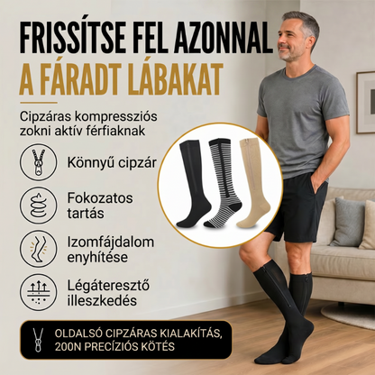 🧦🔥Térdig érő kompressziós zokni cipzárral – Légáteresztő tartózokni futáshoz, utazáshoz, munkához és hosszú állóidőhöz