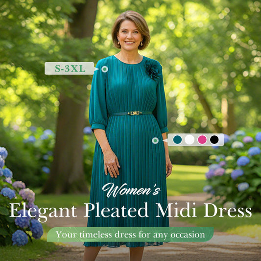 Női 3/4 ujjú, plisszírozott midi ruha övvel