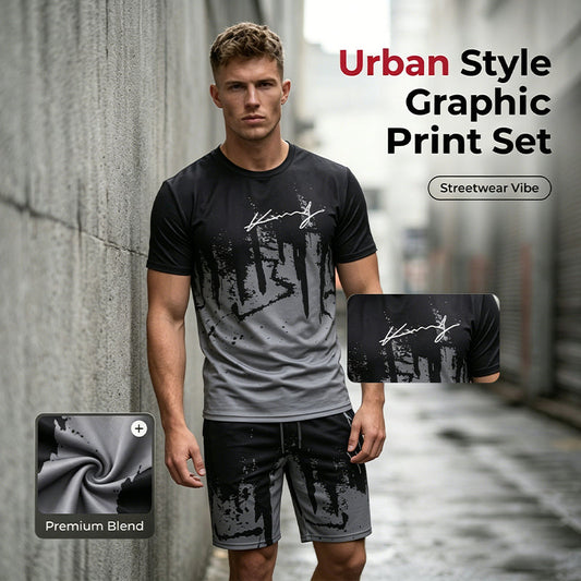 👕Férfi grafikás póló és rövidnadrág szett 🌴