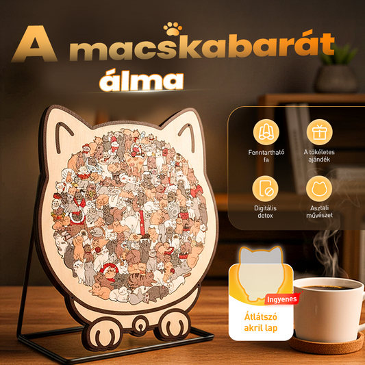 👍🎁 135 darabos, Morandi-színekkel festett, macska alakú fa kirakós játék🎅