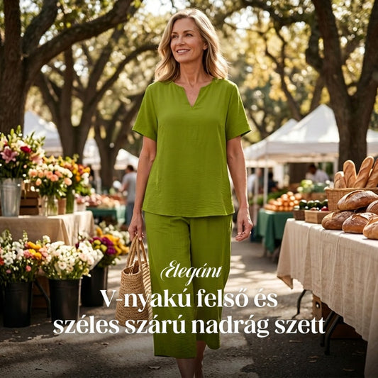 Női szabadidőruha rövid ujjú felső és széles szárú nadrág szett