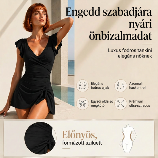 Elegáns női fürdőruha, V-kivágással és hasformáló hatással