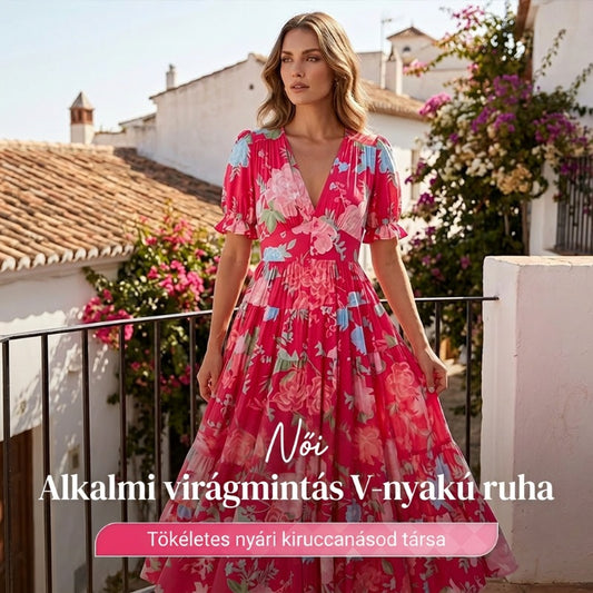 👗V-nyakú nagy virág temperamentum hosszú ruha