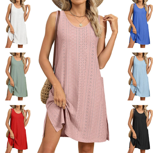 Női ujjatlan, kerek nyakú, alkalmi zsebes ruha