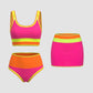 🏖️👙Színes blokkos, patchwork mintás, nylonból készült, sportos, 3 részes bikini szett