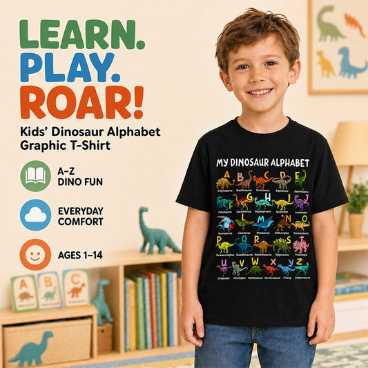 🦖👕Gyerekeknek szóló, dinoszauruszos betűmintás póló