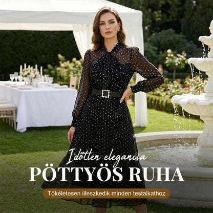 Elegáns pöttyös nyakkendős midi ruha