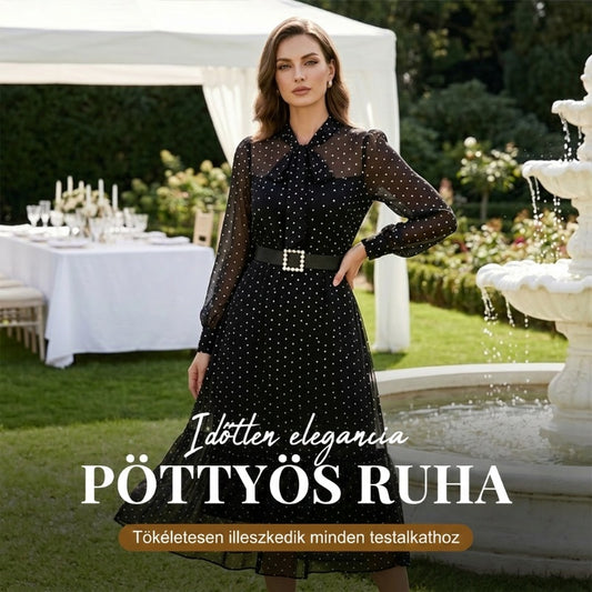 Elegáns pöttyös nyakkendős midi ruha