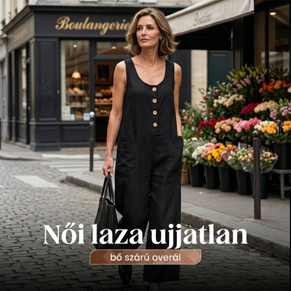 Női ujjatlan, széles szárú overall zsebekkel