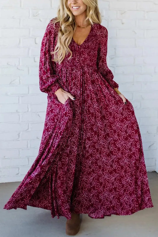 💃Női virágos rayon smocked-waist bélelt maxi ruha