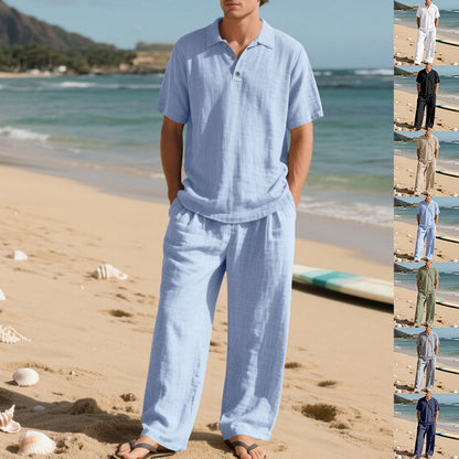 Men's Casual Linen Blend Shirt and Pants Set Loose Fit Beach Wear