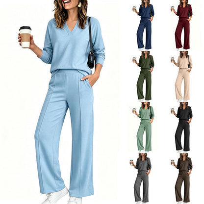 👖 Női Casual V-nyakú Felső & Széles Szárú Nadrág