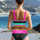 🏖️👙Színes blokkos, patchwork mintás, nylonból készült, sportos, 3 részes bikini szett