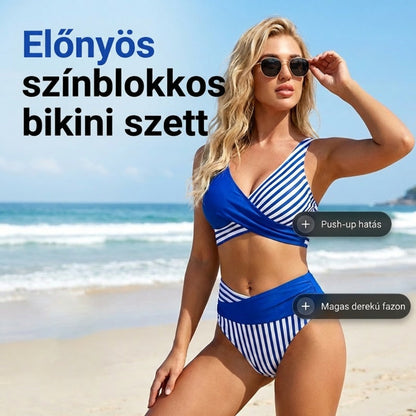 Kétrészes, színes blokkos és csíkos bikini