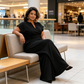 Női V-nyakú, széles szárú jumpsuit