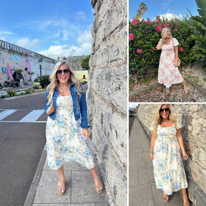 🌸 Női nyomtatott négyzet alakú nyakú rakott rövid ujjú ruha