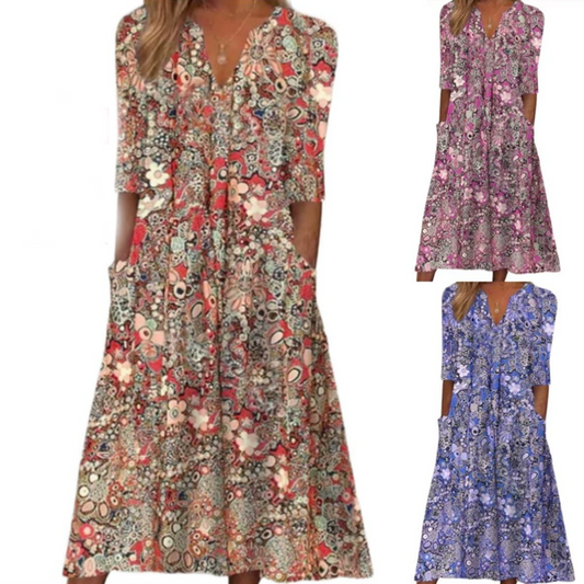 Női, laza szabású, virágmintás, V-nyakú alkalmi ruha