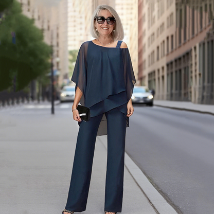 👚👖Női szabálytalan sifon felső és széles szárú nadrág 2 részes szett