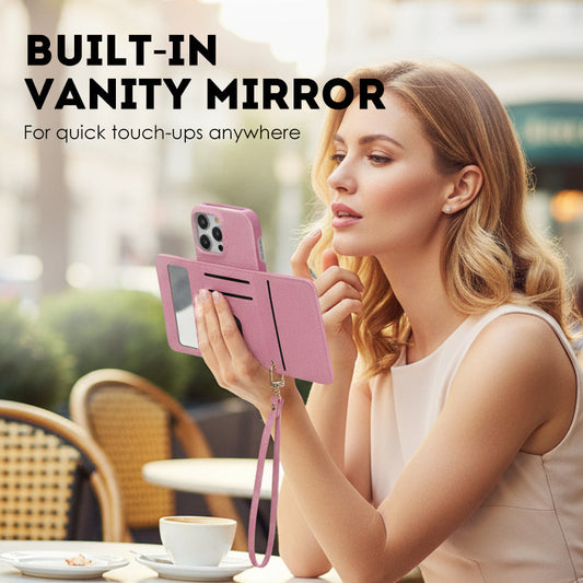 Rózsaszínű, védő tok telefonhoz, tükörrel és csuklópánttal