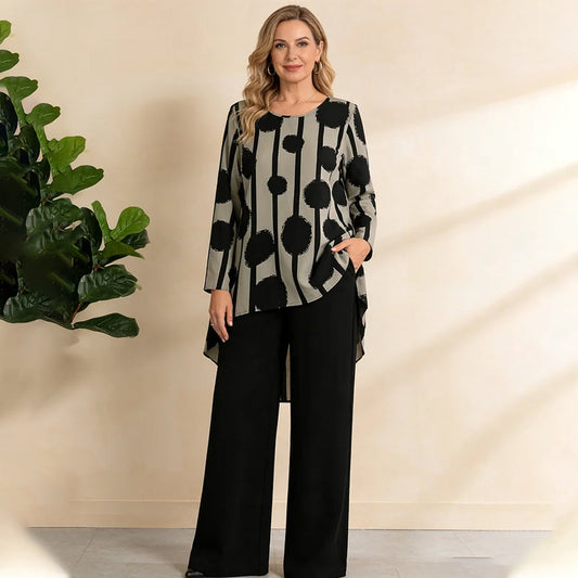 👚Női aszimmetrikus mintás felső és nadrág szett👖