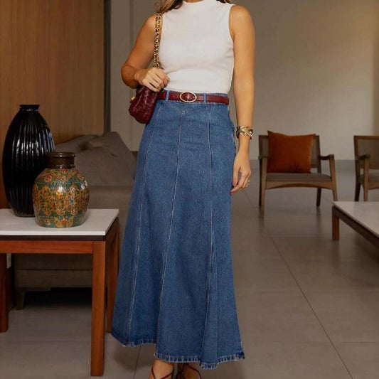 Női magas derekú A-vonalú denim maxi szoknya