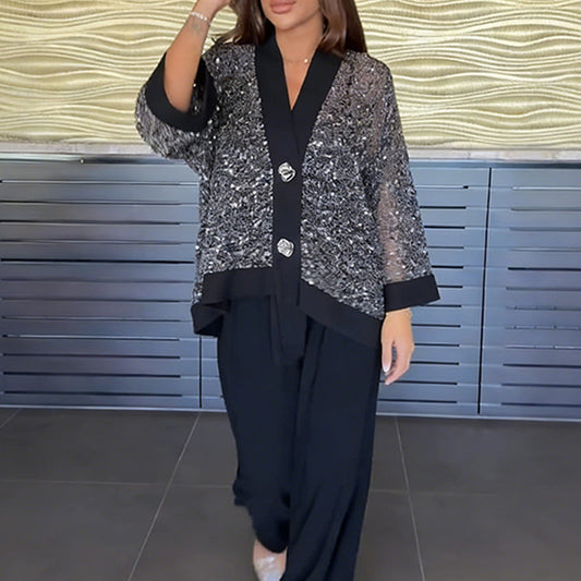 Női V-nyakú flitteres kétrészes szett