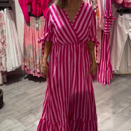 Női, csíkos, V-nyakú szabadidőruha