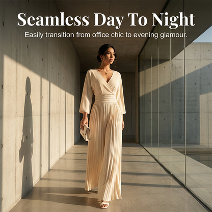 Elegáns, V-nyakú, redős, széles szárú jumpsuit