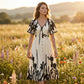 👗 🌿 Puha, növényi mintás, V-nyakú midi ruha