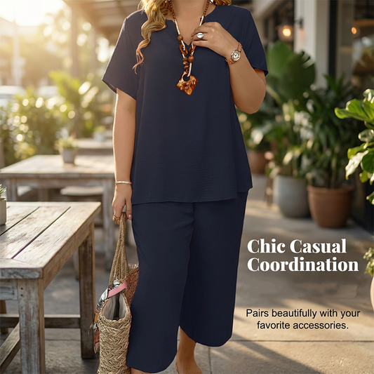 Női szabadidőruha rövid ujjú felső és széles szárú nadrág szett