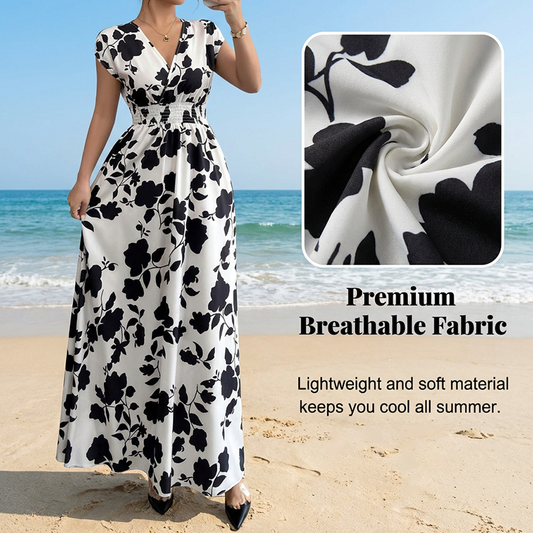 Virágmintás, V-nyakú, smockolt derékú maxi ruha