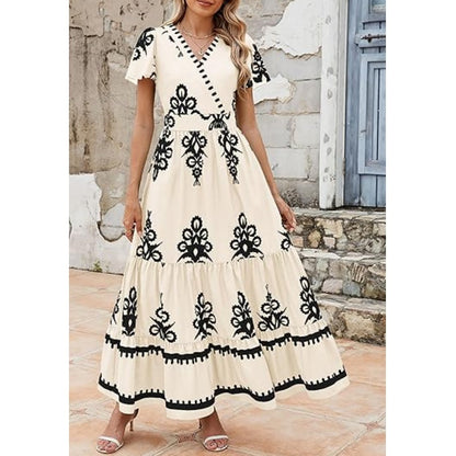 Női alkalmi, V-nyakú, boho stílusú maxi ruha
