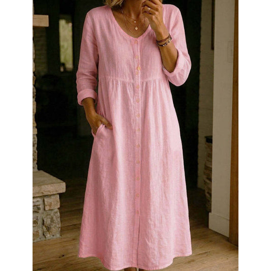 Női alkalmi V-nyakú gombos len midi ruha