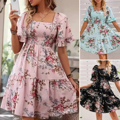 Női elegáns, négyzetes nyakkivágású, virágmintás, smockolt ruha