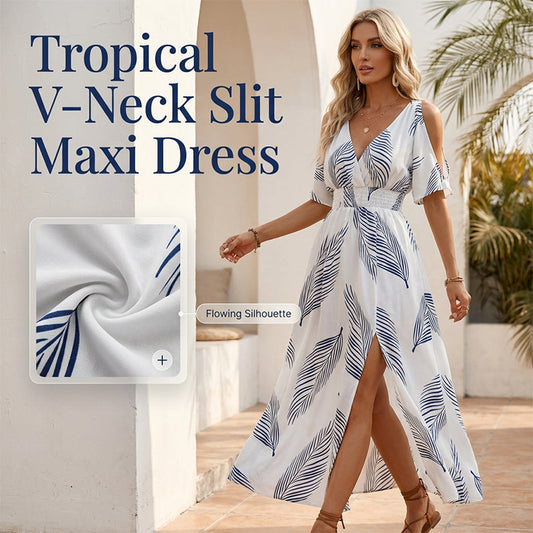 🌞 Hideg Váll Tropikus Mintás Hasítékos Maxi Ruha