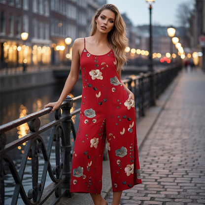 Női alkalmi spagettipántos nyomott jumpsuit