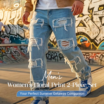 Férfi egyenes szárú, kopott farmernadrág