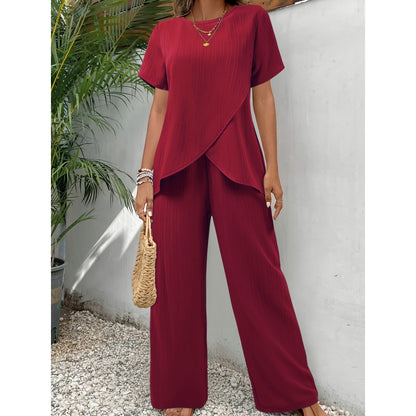Women's Casual Asymmetrical Top & Wide-Leg Pants Set
