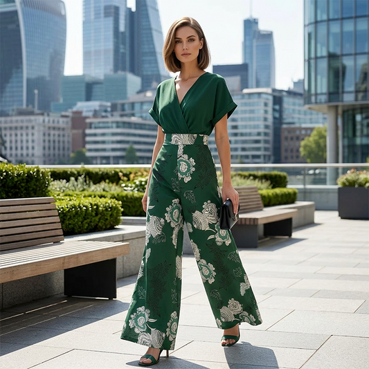 Elegáns V-nyakú, virágmintás, széles szárú jumpsuit