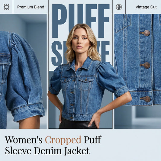Női puffasztott rövid ujjú crop farmerdzseki