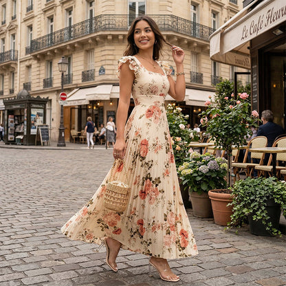 👗🌺 ELEGÁNS, VIRÁGOS MINTAZATÚ, PLISSZÉZETT MAXI RUHA