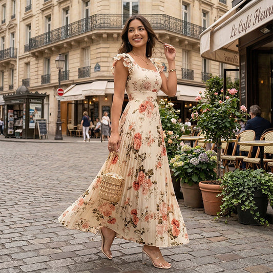 👗🌺 ELEGÁNS, VIRÁGOS MINTAZATÚ, PLISSZÉZETT MAXI RUHA