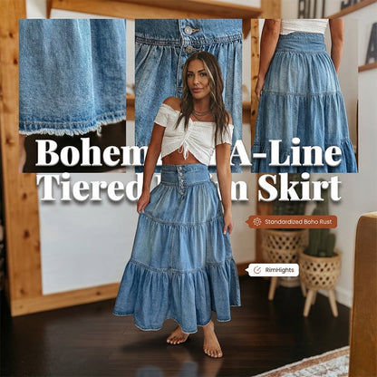 Magas derekú, réteges, A-vonalú denim maxi szoknya nőknek