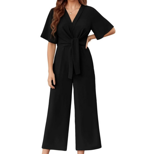 Női elegáns V-nyakú, széles szárú, derékpántos jumpsuit
