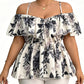 Női plus size nyomott, vállnélküli fodros kámé felső